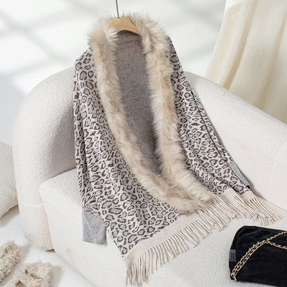 Women's Leopard Poncho with Faux Fur Collar | Fringe Hem Cardigan Women's Leopard Poncho With Faux Fur Col | Ectron Online