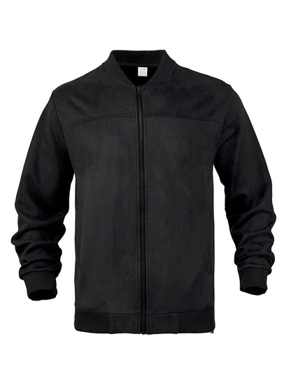 Men’s suede retro jacket in black, full-zip front with stand collar and ribbed hem.