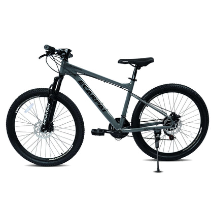 All-terrain mountain bike side view with grey frame, black saddle, and front disc rotor