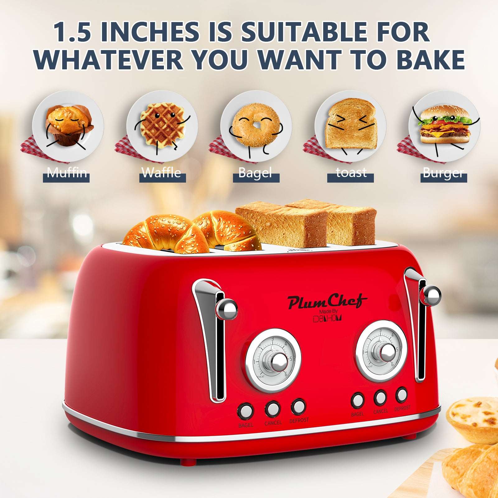 Red 4-slice toaster with assorted bread and pastries on top, two control dials and side levers