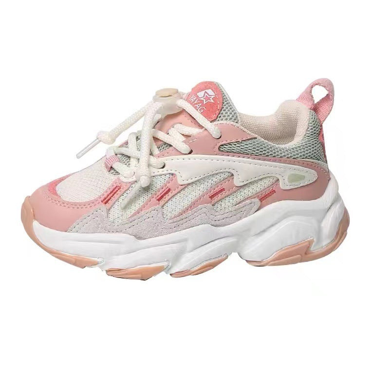 Kids pink and grey lace-up sneakers with mint side panel and chunky white sole