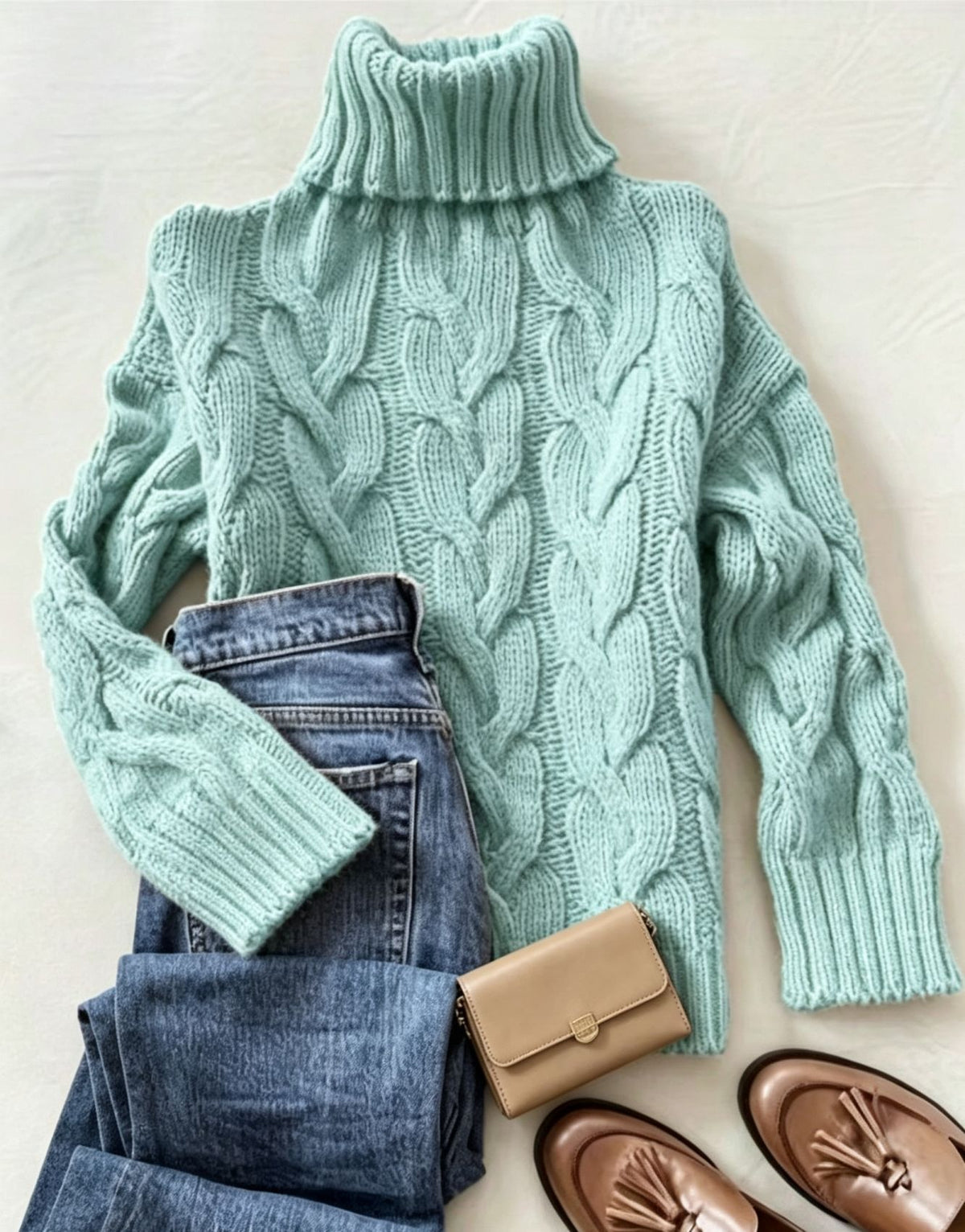 Mint green cable-knit turtleneck long-sleeve sweater with chunky textured pattern.