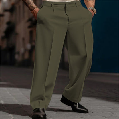Men's straight-leg suit pants in olive green, flat front, belt loops, cuffed hem