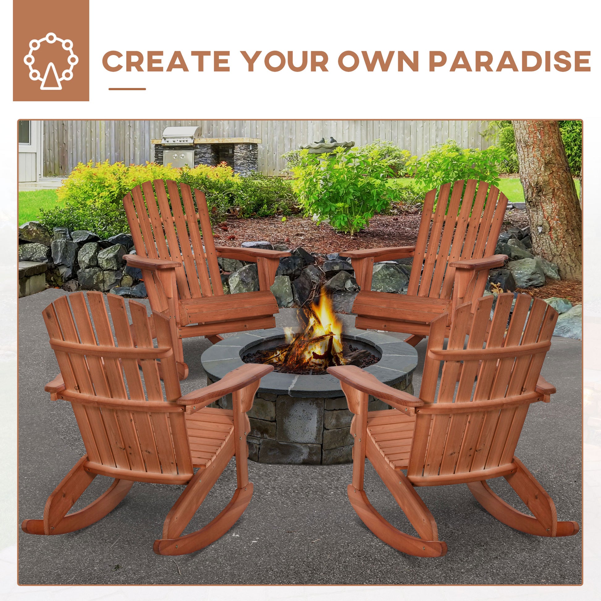 Teak wood Adirondack rocking chairs set of four with slatted backs around fire pit.