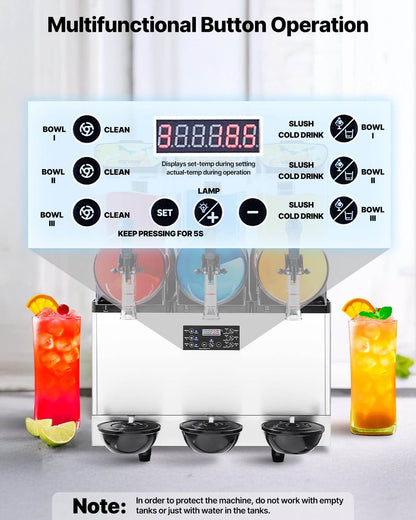 Slushy machine control panel with programmable button modes and three dispensing taps