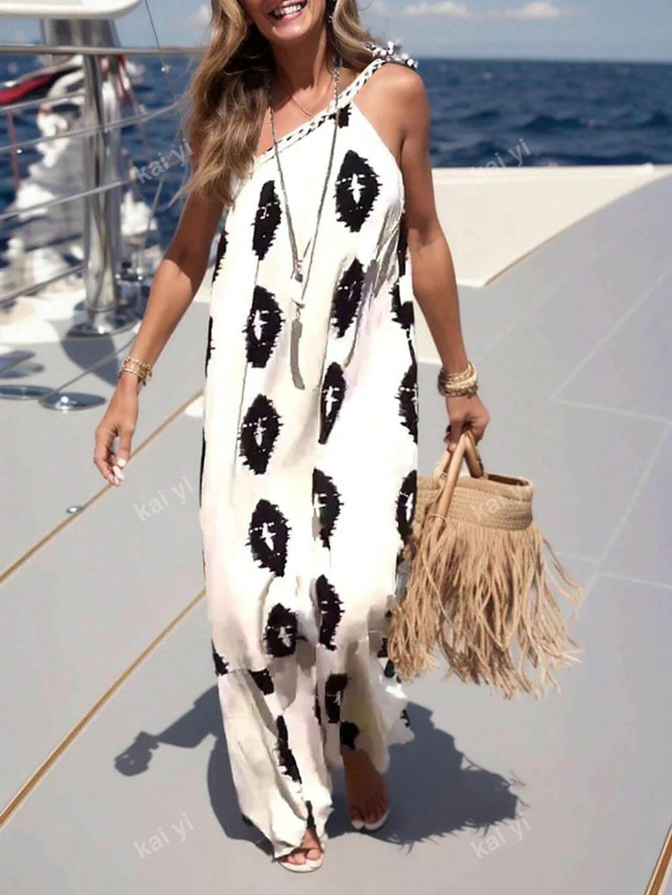 Neckline Tie-Up Allover Print Sexy Boho Sleeveless Dress Neckline Tie-Up Allover Allover Print Se | Ectron Online