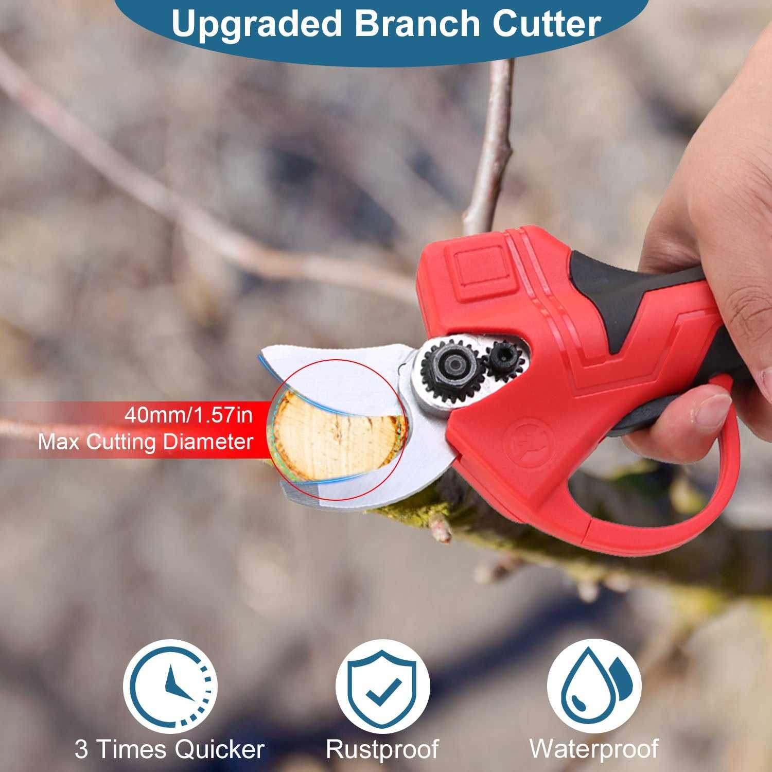 Red cordless electric branch cutter cutting a twig; 40mm max diameter marked