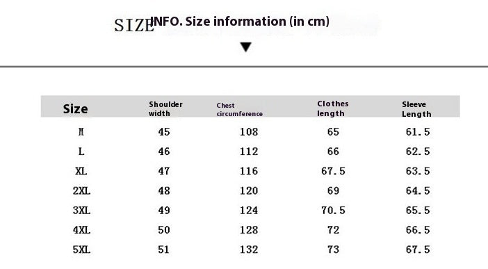 Size chart for clothing with measurements in centimeters