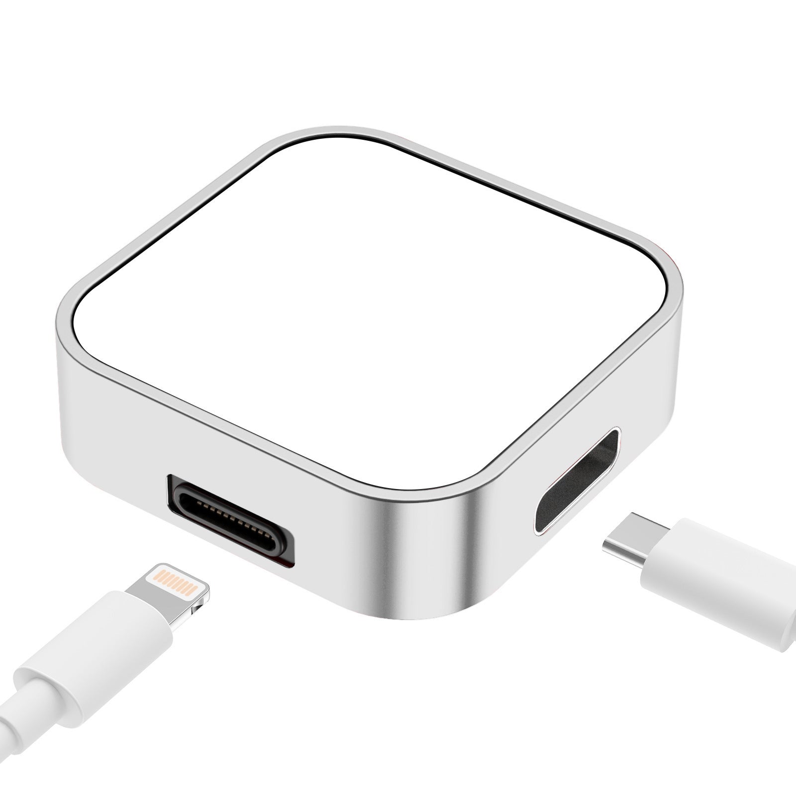 Silver wireless watch charger with USB-C and Lightning connectors