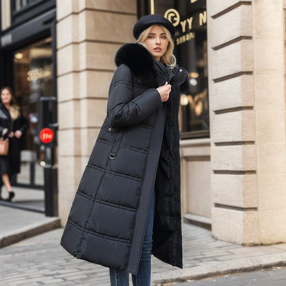 Women's Slim Long Winter Jacket | Fur Hooded Coat with Waist Belt Winter Slim Long Jacket With Fur Hood An | Ectron Online