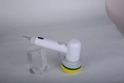 White handheld spin scrubber dispensing water spray with yellow sponge brush pad