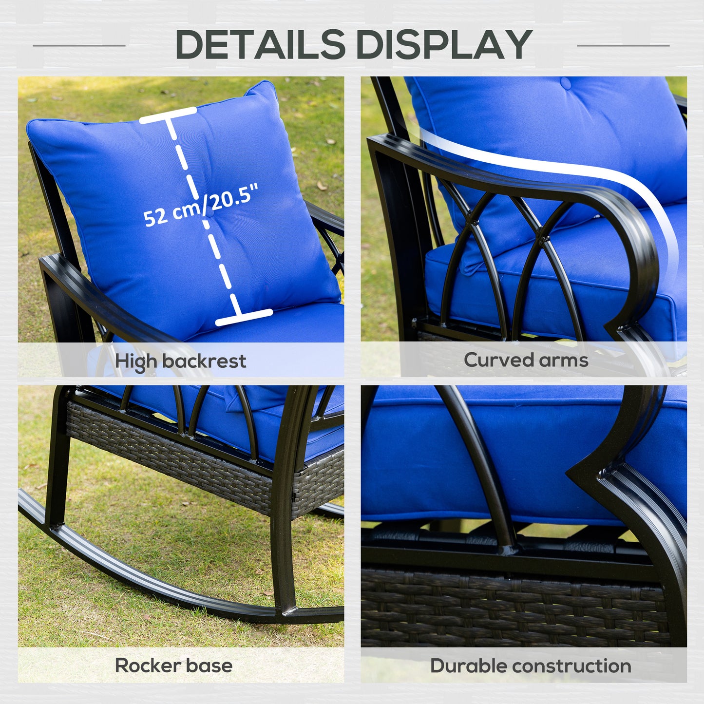 Outdoor Wicker Rocking Chair with Blue Cushions - Aluminum Rocker