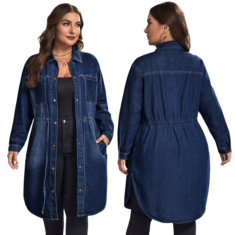 Dark blue denim blouse jacket, front and back views with gathered waist and pockets