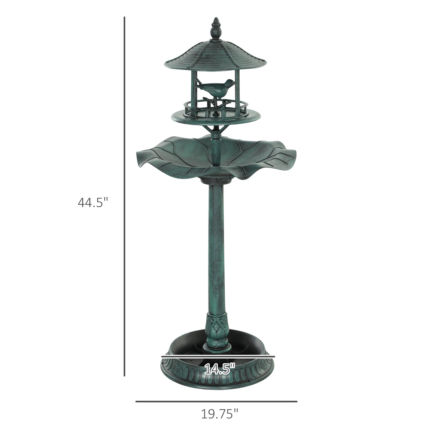 Antique green 3-in-1 bird bath and feeder with pedestal base, front view