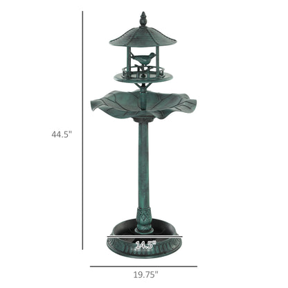Antique green 3-in-1 bird bath and feeder with pedestal base, front view