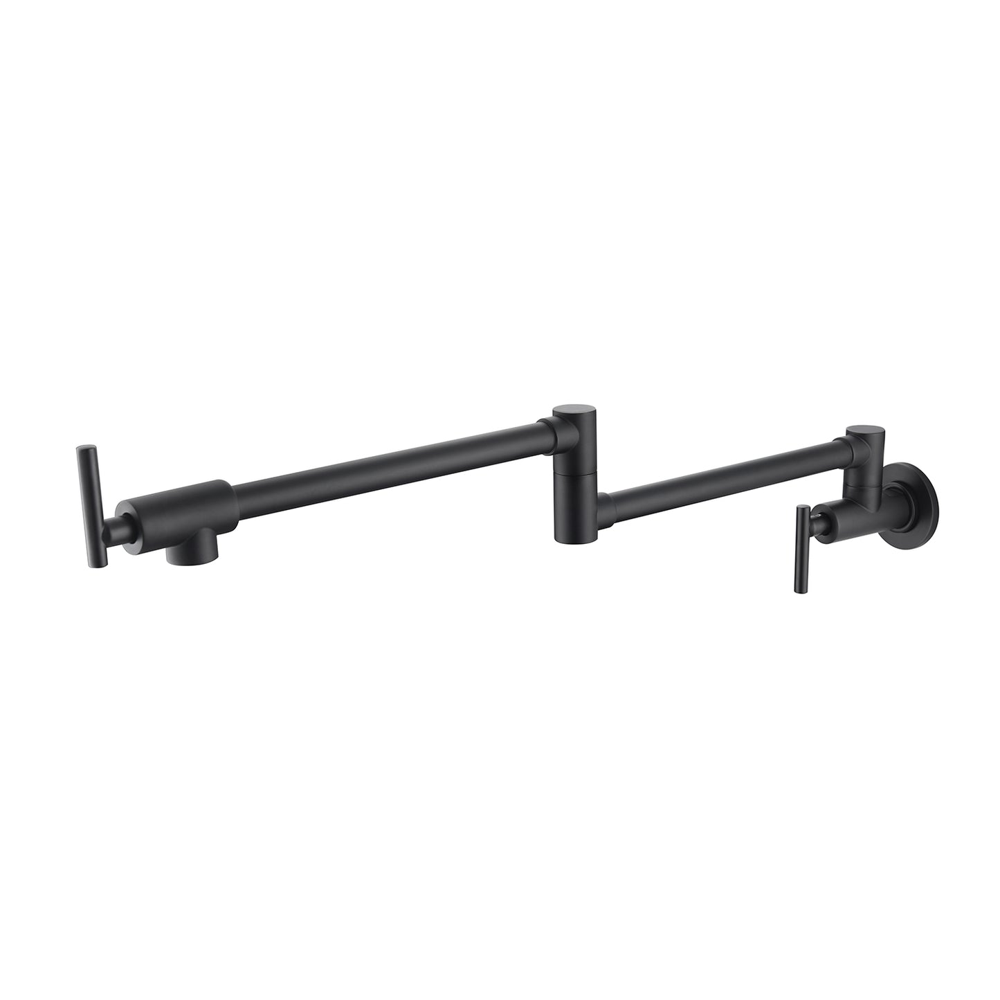 Matte black wall-mount folding pot filler faucet with two extended arms