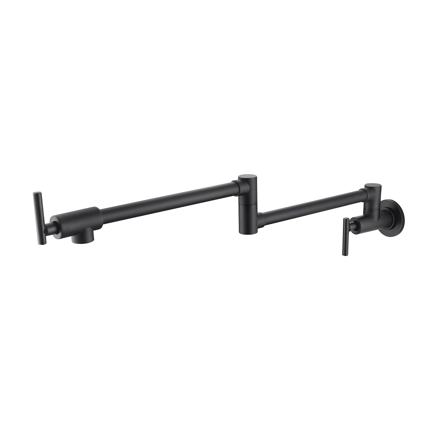 Matte black wall-mount folding pot filler faucet with two extended arms