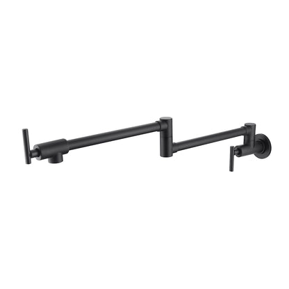 Matte black wall-mount folding pot filler faucet with two extended arms