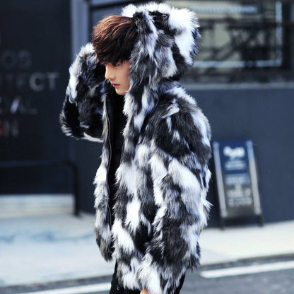 Men's faux leather warm coat, black and white faux-fur with raised hood, zip front