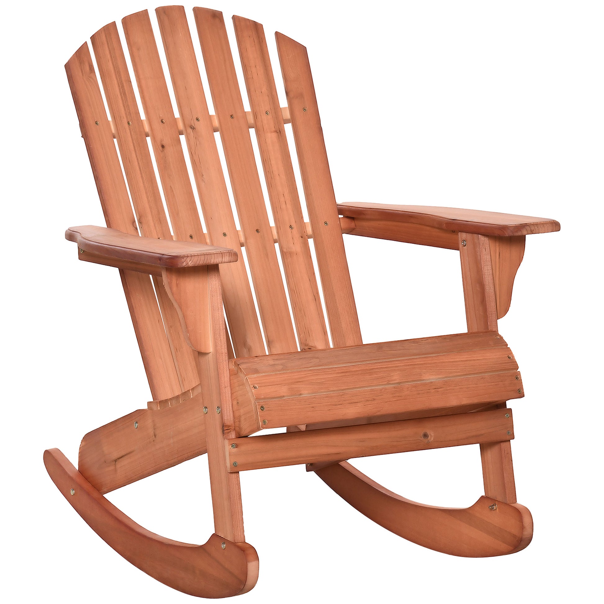 Teak wood Adirondack rocking chair with slatted backrest and curved rocking base.