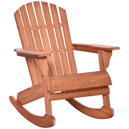 Teak wood Adirondack rocking chair with slatted backrest and curved rocking base.