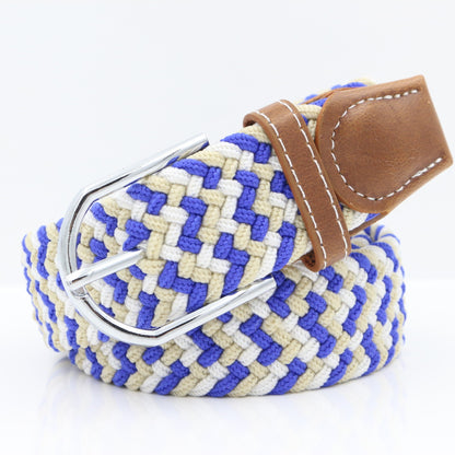 Simple Stretch And Breathable Canvas Woven Belt in blue and beige with a silver buckle.
