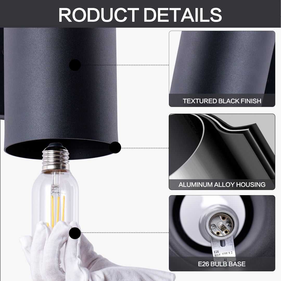 Outdoor wall light details: textured black finish, aluminum housing, E26 bulb base.