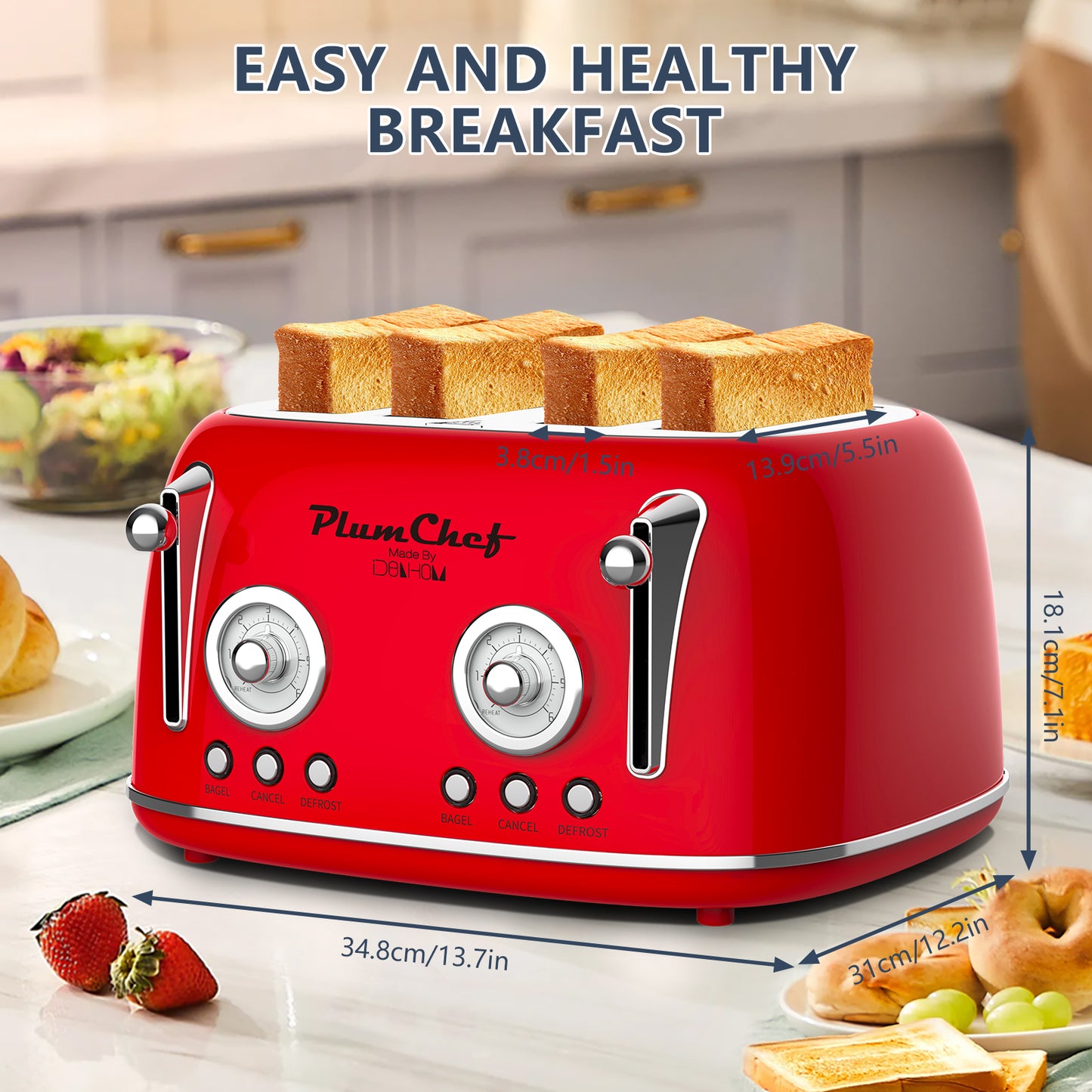 4-Slice Retro Toaster | 1650W Stainless Steel Toaster with Dual Controls