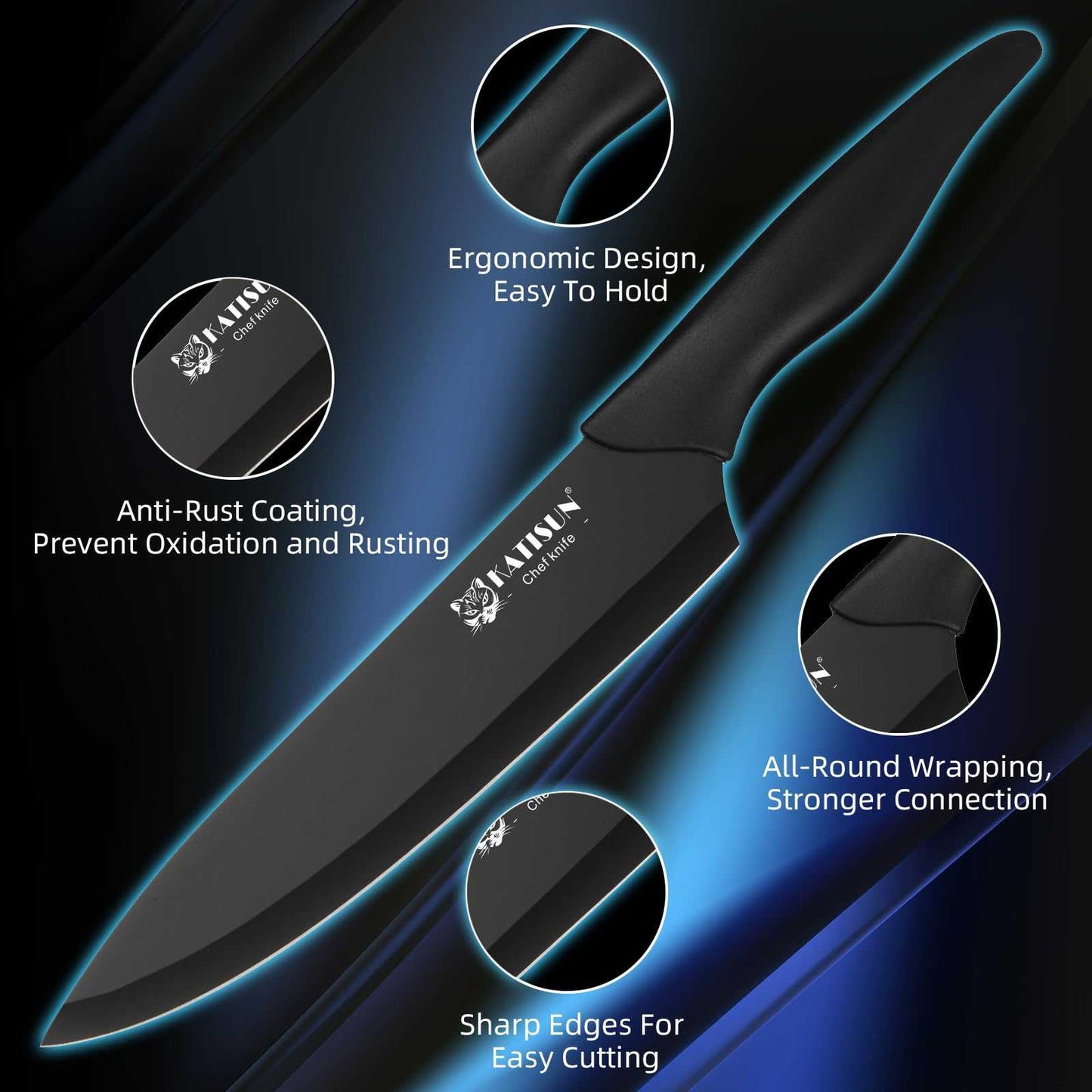 Black kitchen knife with ergonomic non-slip handle, sharp cutting edge