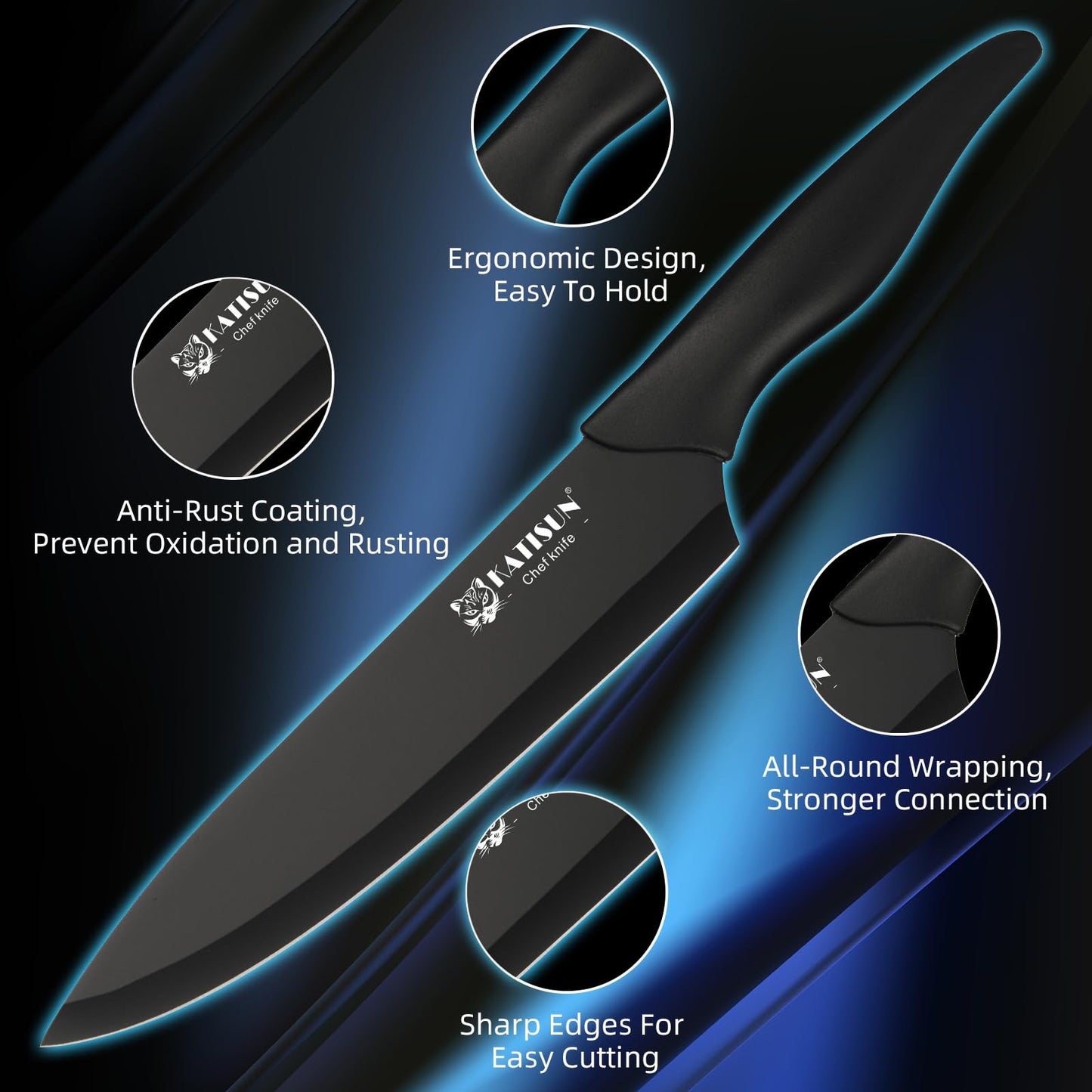 Black chef knife with ergonomic handle, anti-rust coated blade, and secure wrapping