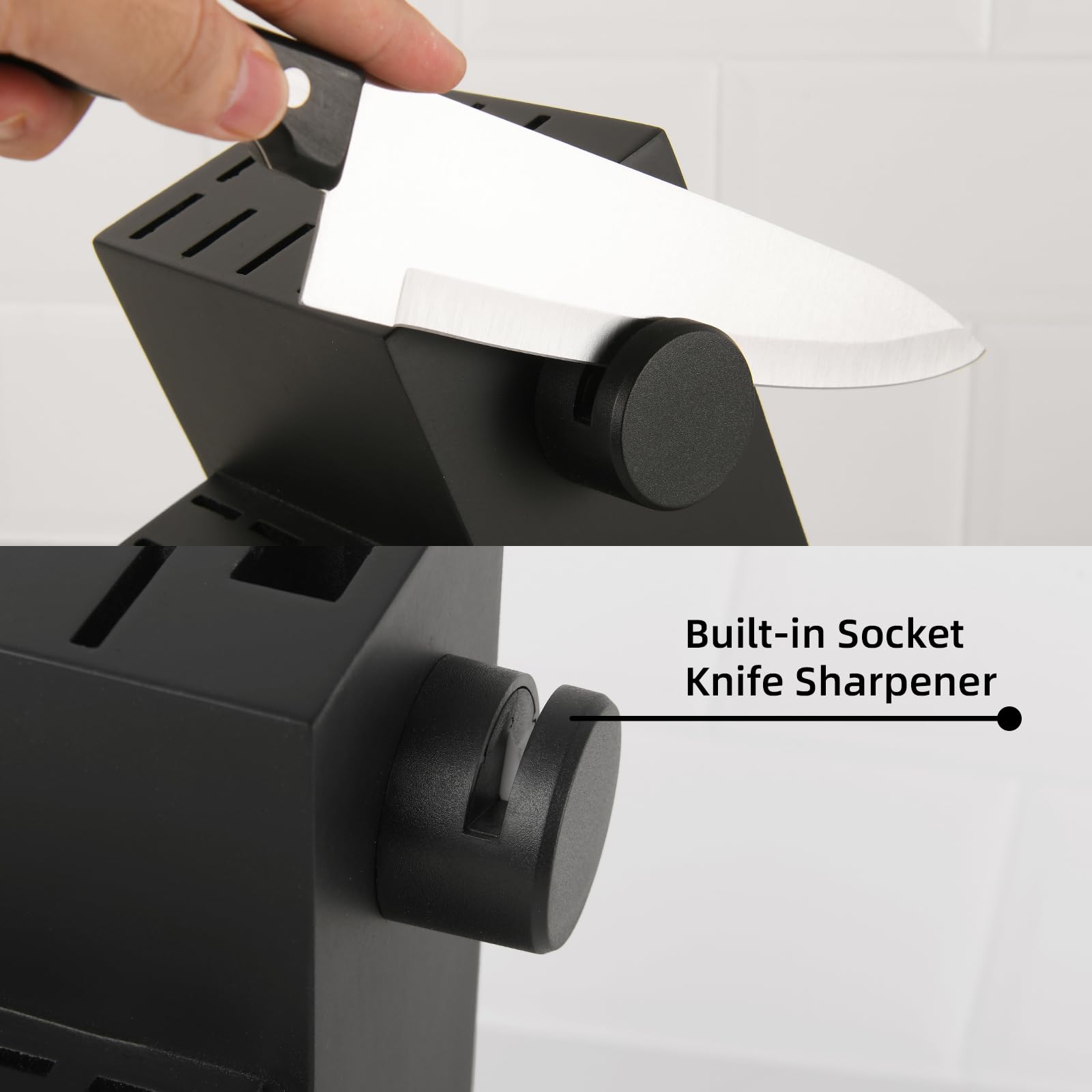 Black built-in socket knife sharpener with two cylindrical sharpening wheels and knife slot