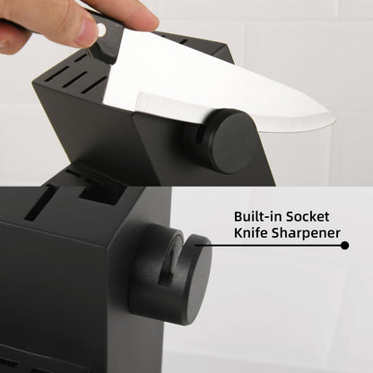Black built-in socket knife sharpener with two cylindrical sharpening wheels and knife slot