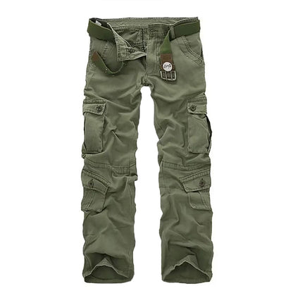 Men's olive green cargo pants with multiple utility pockets and adjustable belt strap