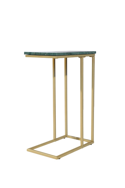 Green marble top end table with gold metal legs and rectangular open base