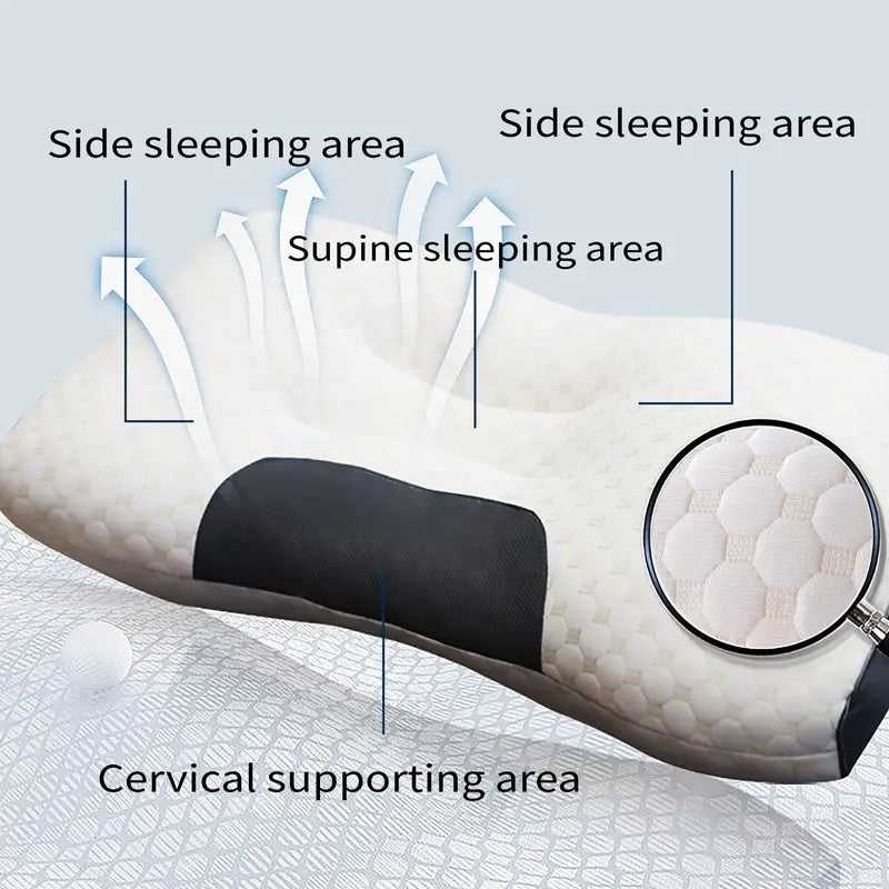 Ergonomic sleep support pillow, dark with textured hex surface and side cutout