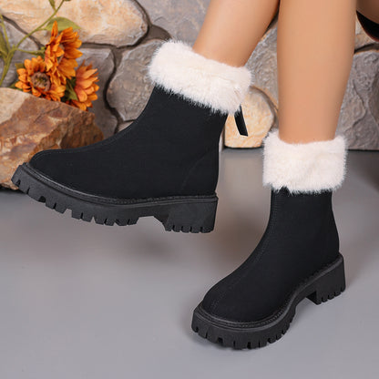 Square-heeled Snow Boots Winter Plus Velvet Platform Plush Shoes Fashion Warm Non-slip Mid-calf Boot For Women