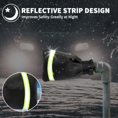 Black faucet cover with neon green reflective strip fitted over an outdoor spigot
