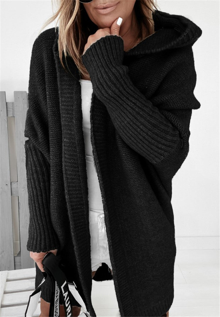 Hooded oversized bat sleeve cardigan sweater, black chunky knit with hood