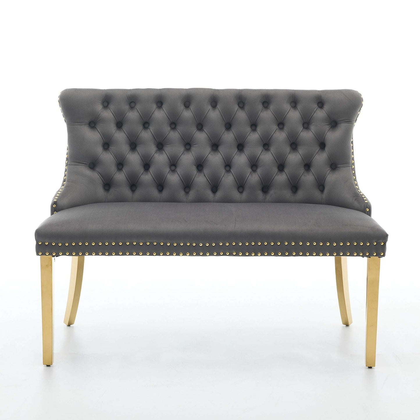 Gray velvet tufted loveseat bench back and seat with gold stud trim and gold legs
