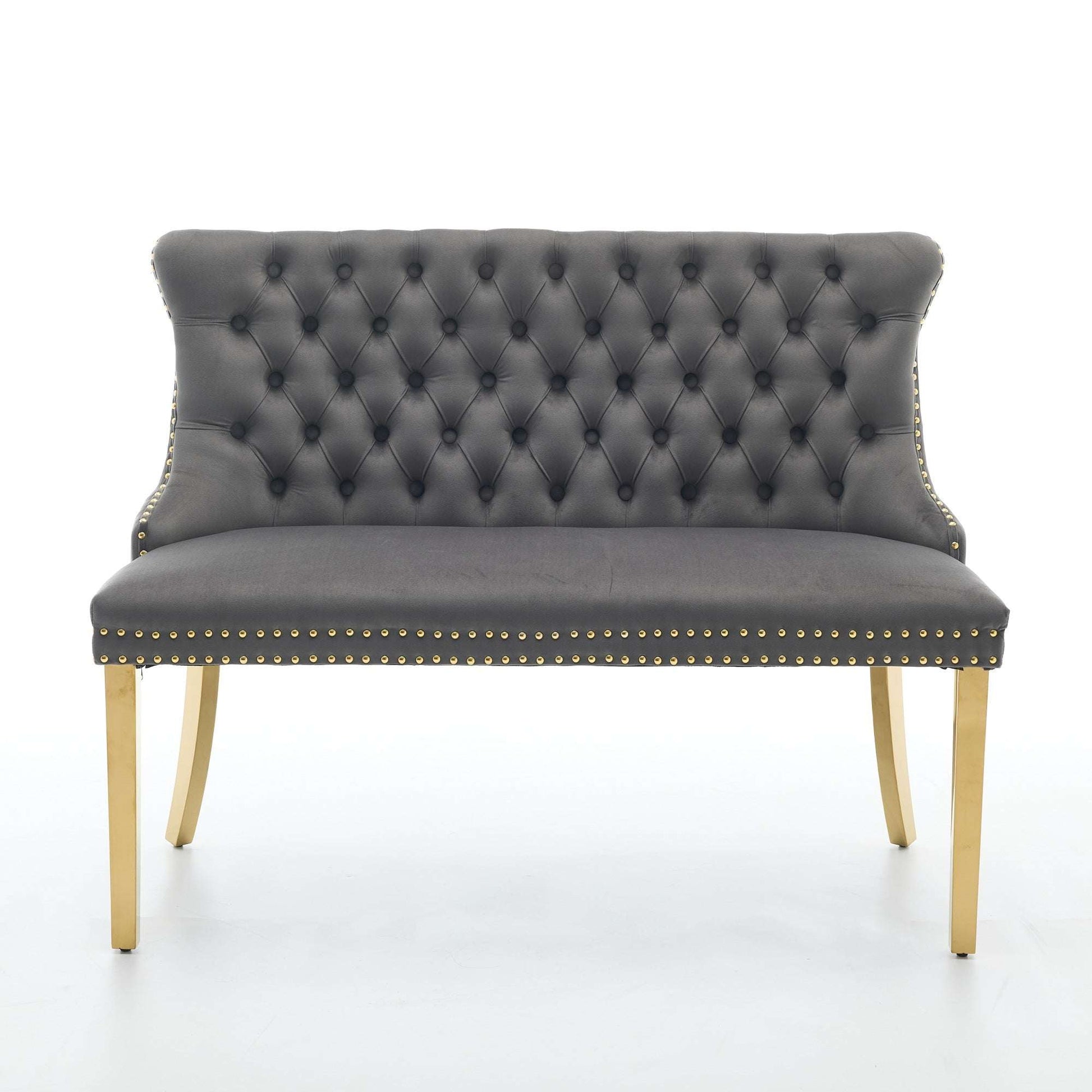 Gray velvet tufted loveseat bench back and seat with gold stud trim and gold legs