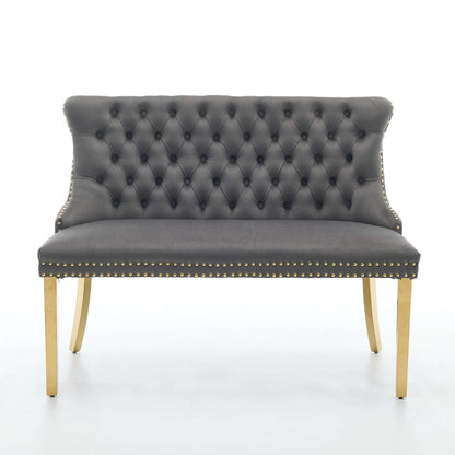 Gray velvet tufted loveseat bench back and seat with gold stud trim and gold legs