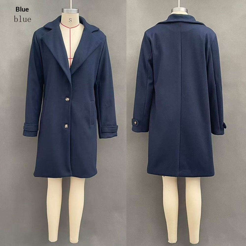 Blue mid-length lapel coat with single-breasted button front and side pockets