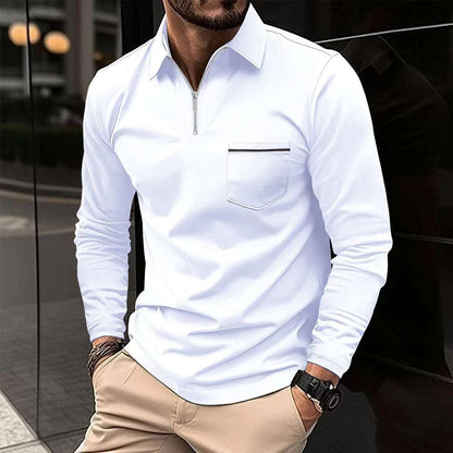 Long-sleeve sports polo shirt, white quarter-zip with chest pocket