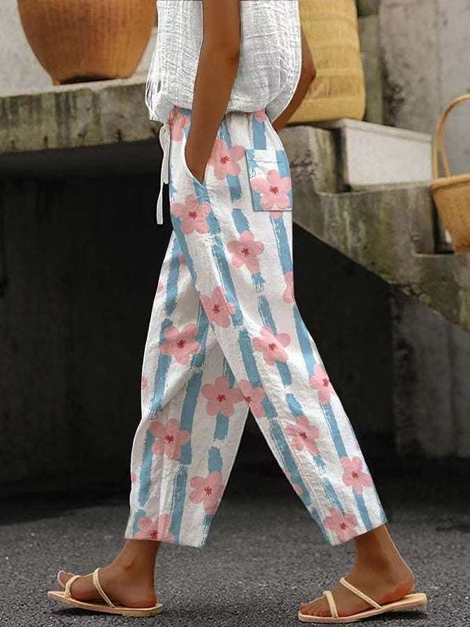Pocket Casual Printed Elastic Waist Cropped Straight Pants Pocket Casual Printed Elastic Waist Crop | Ectron Online