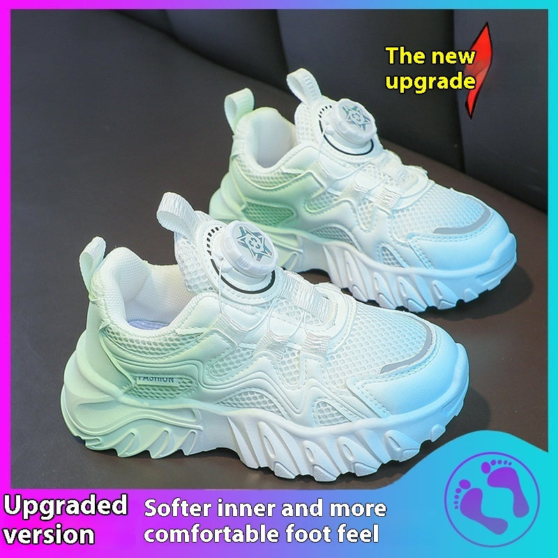 Kids rotating button mesh sneakers in white with light blue and green tones