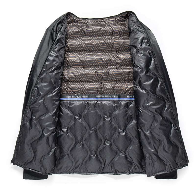 Black quilted jacket with geometric patterned interior on a white background