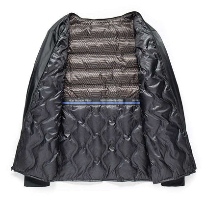 Black quilted jacket with geometric patterned interior on a white background