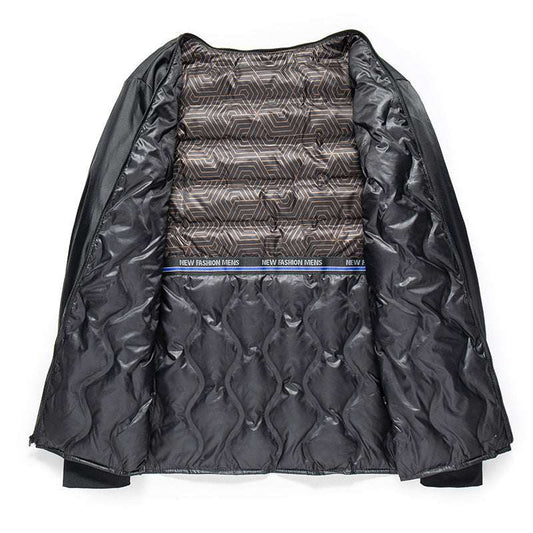 Black quilted jacket with geometric patterned interior on a white background