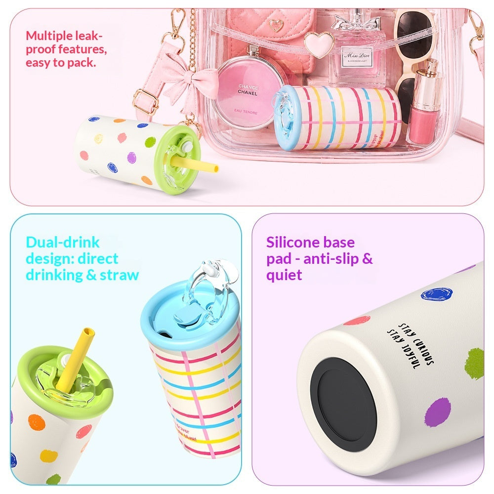 Kids leak-proof straw water bottle features close-up: dual drink design and silicone base