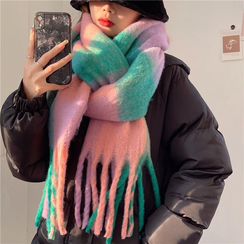 Women's Rainbow Plaid Tassel Scarf | Colorful Color-Block Winter Shawl